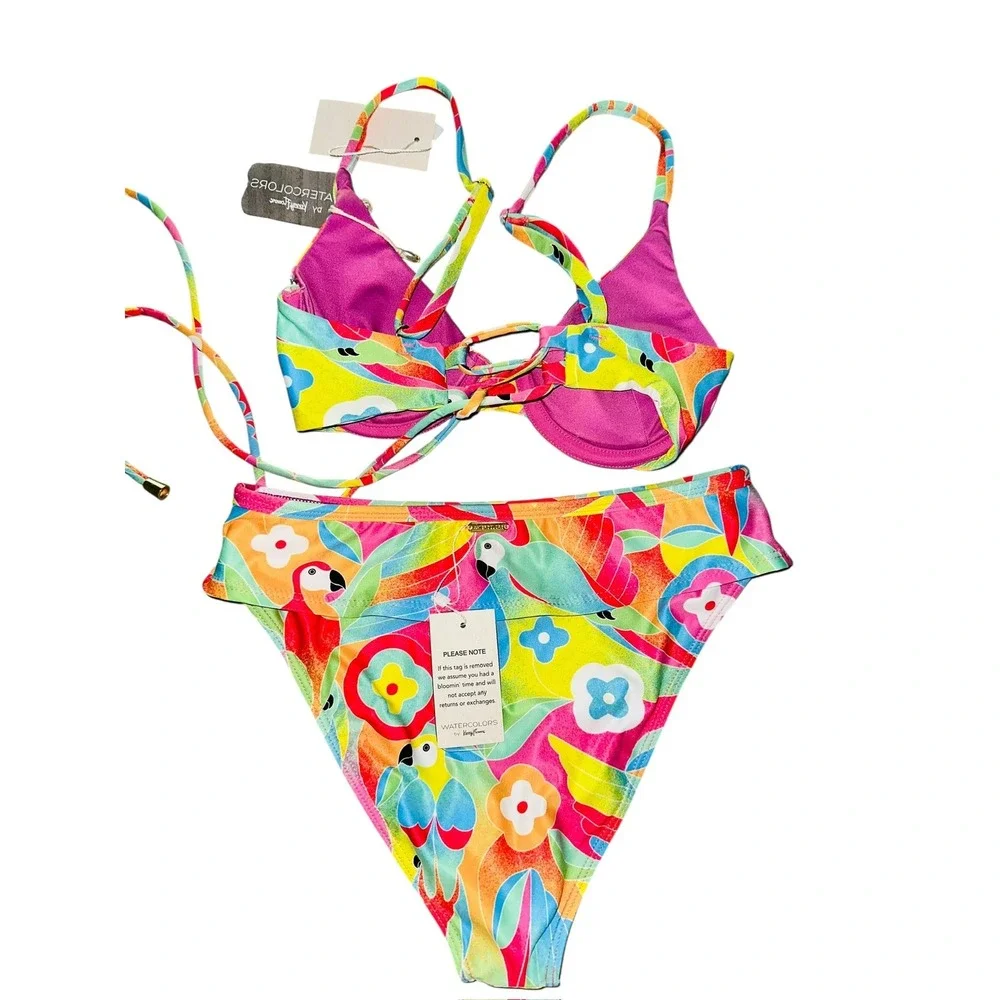 Watercolors By Kenny Flowers Bikini Top Bottom Swim Hawaiian Parrot XS NWT‎